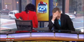 The female anchor had to turn away from the camera because she was laughing so hard.