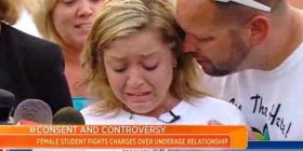 Florida sex offender Kaitlyn Hunt is comforted by her father at a May press conference.